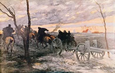 Sonnenuntergang im Tal von Yser: ein 75-Kanone wird in eine strategische Position gebracht, ca. 1914
